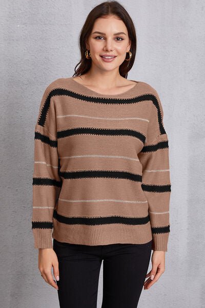 Striped Round Neck Dropped Shoulder Sweater - Sweater - Chestnut - Bella Bourget