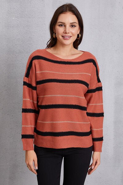 Striped Round Neck Dropped Shoulder Sweater - Sweater - Red Orange - Bella Bourget