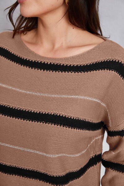 Striped Round Neck Dropped Shoulder Sweater - Sweater - Chestnut - Bella Bourget