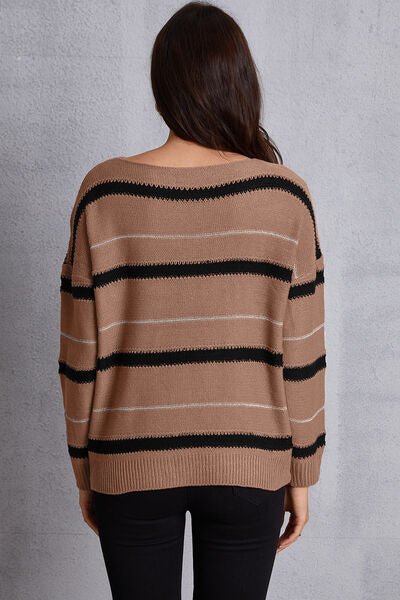 Striped Round Neck Dropped Shoulder Sweater - Sweater - Chestnut - Bella Bourget