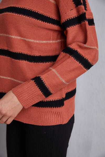 Striped Round Neck Dropped Shoulder Sweater - Sweater - Red Orange - Bella Bourget