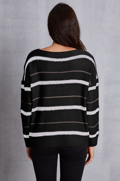 Striped Round Neck Dropped Shoulder Sweater - Sweater - Black - Bella Bourget