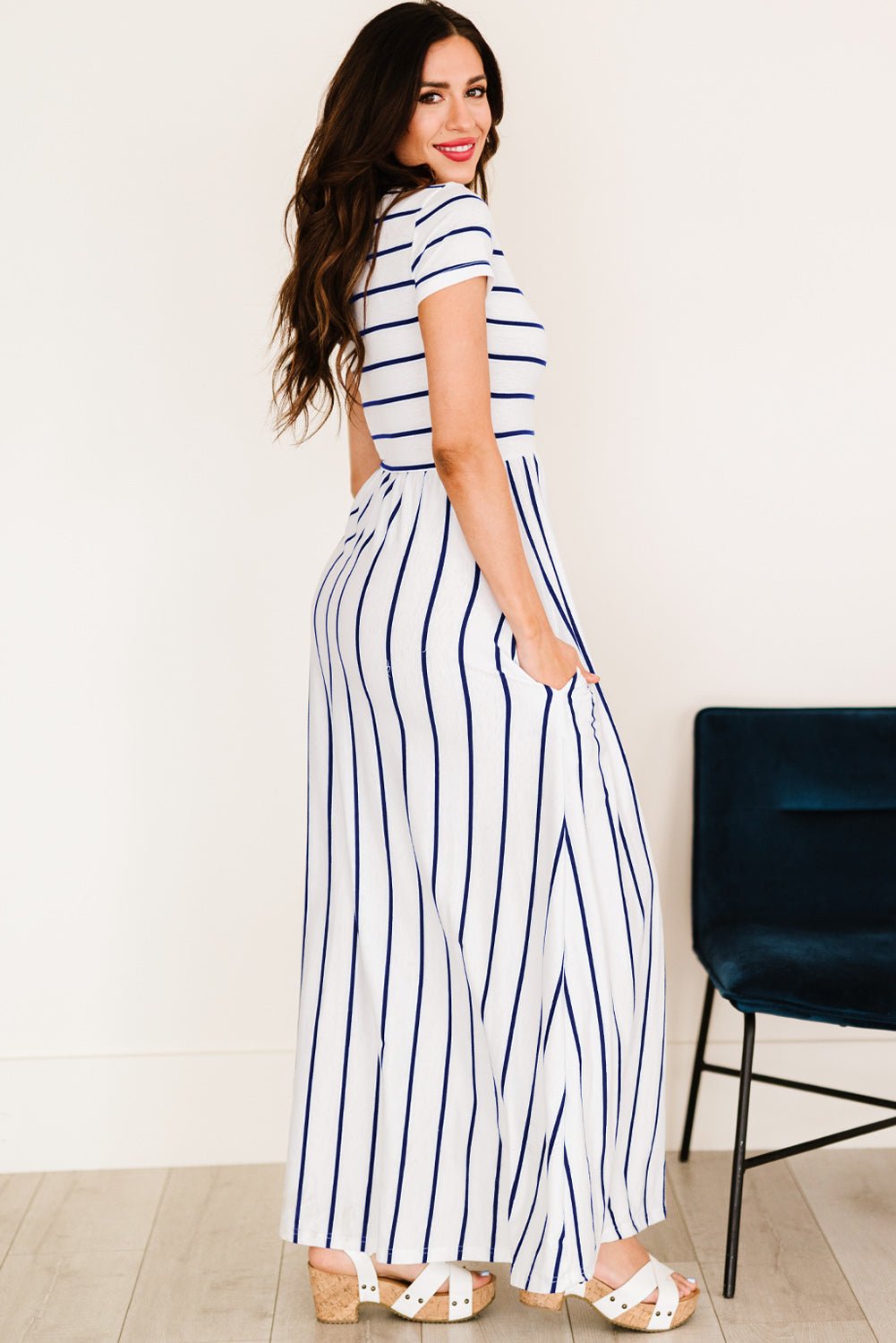 Striped Short Sleeve Crewneck Maxi Dress - Dress - Blue - Bella Bourget