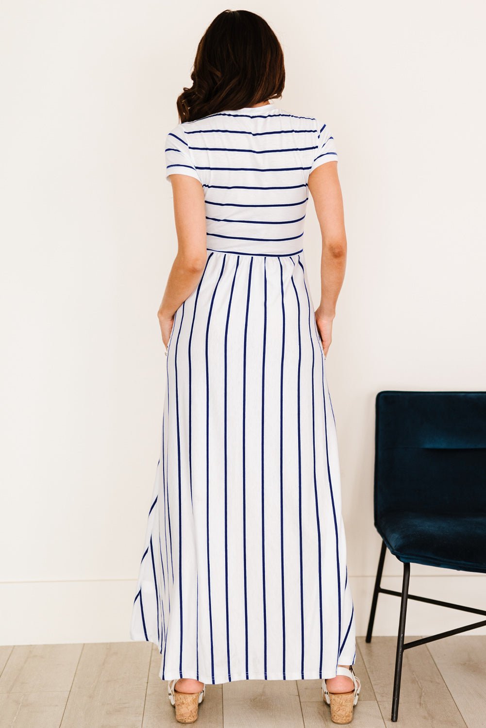 Striped Short Sleeve Crewneck Maxi Dress - Dress - Blue - Bella Bourget