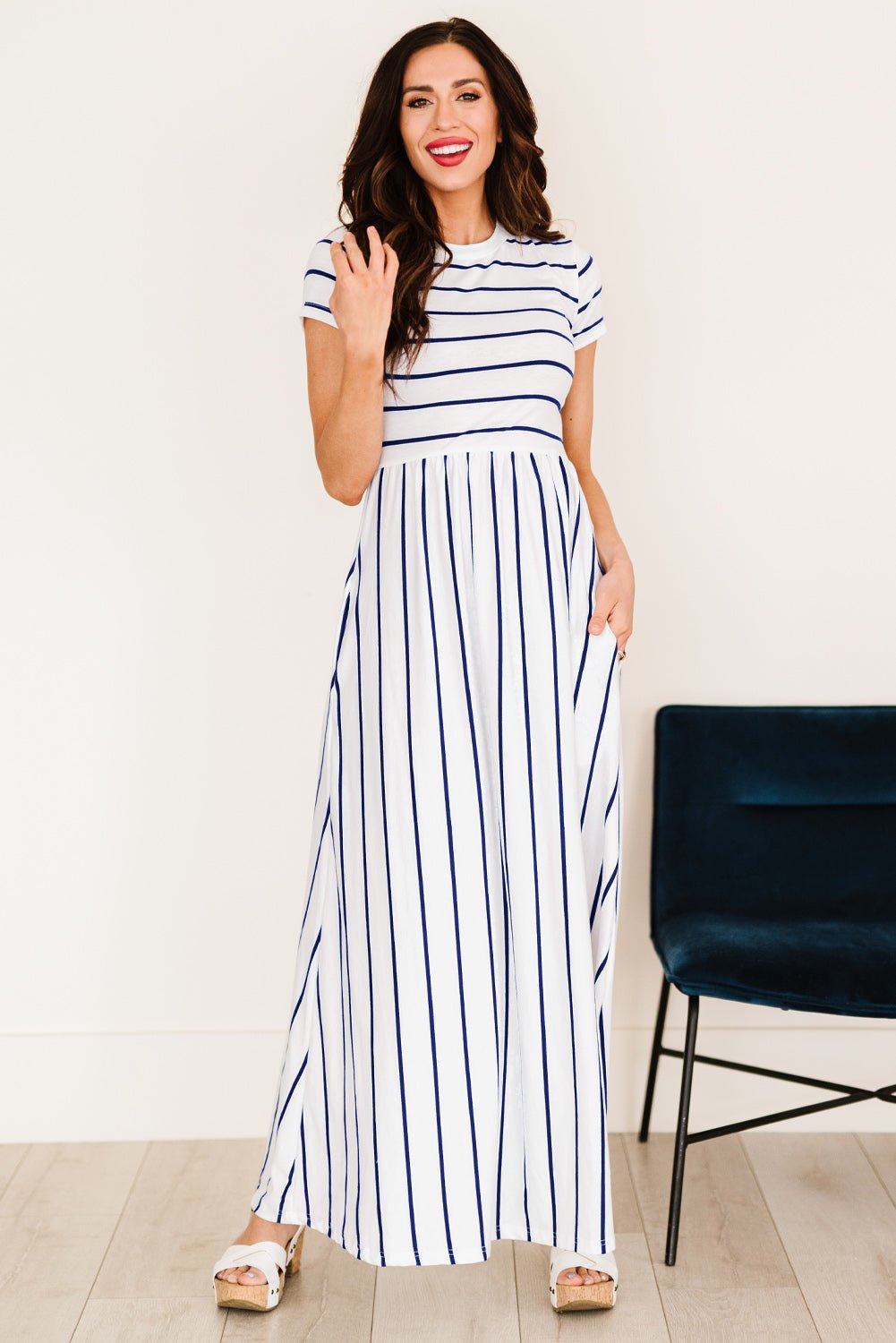 Striped Short Sleeve Crewneck Maxi Dress - Dress - Blue - Bella Bourget