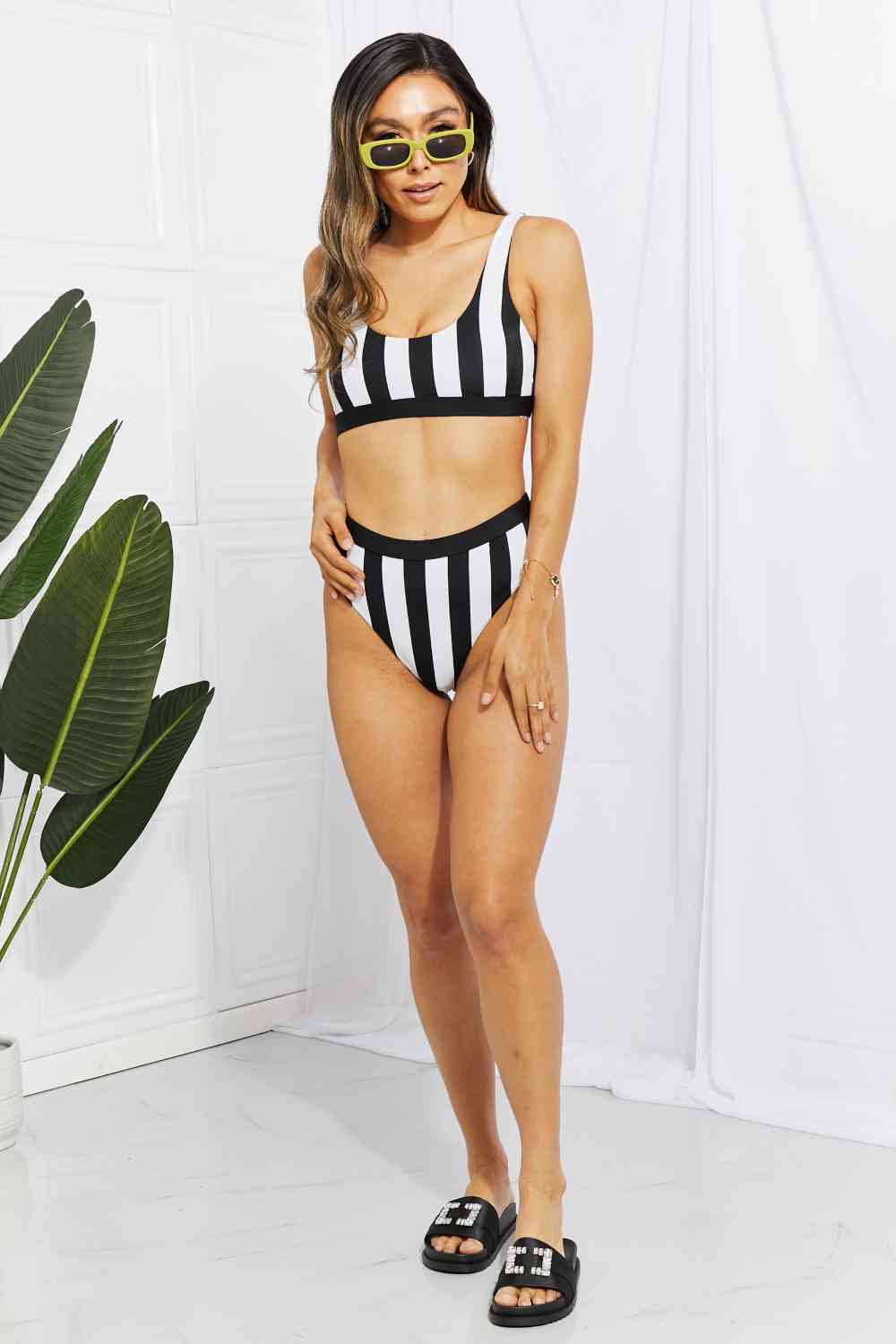 Striped Tank High Waist Bikini - Two - Piece Swimsuit - Black - Bella Bourget