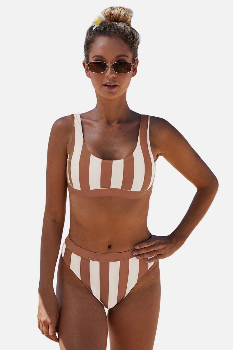 Striped Tank High Waist Bikini - Two - Piece Swimsuit - Brown - Bella Bourget