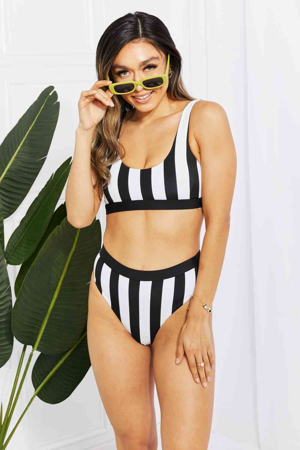 Striped Tank High Waist Bikini - Two - Piece Swimsuit - Black - Bella Bourget