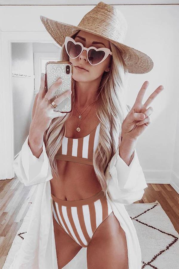 Striped Tank High Waist Bikini - Two - Piece Swimsuit - Brown - Bella Bourget