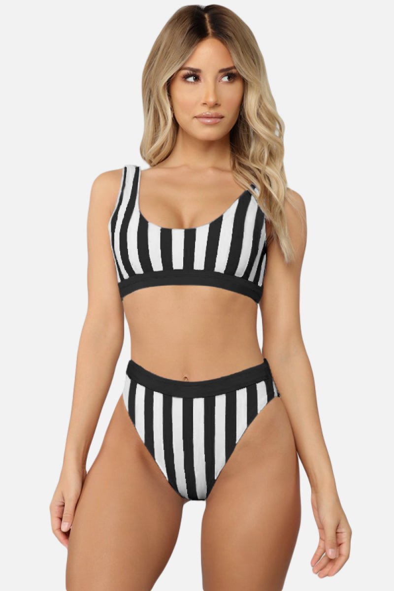 Striped Tank High Waist Bikini - Two - Piece Swimsuit - Black - Bella Bourget