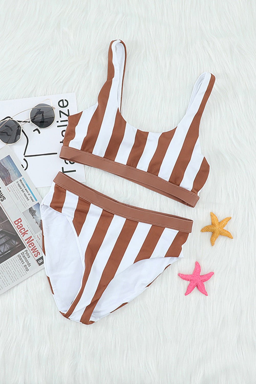 Striped Tank High Waist Bikini - Two - Piece Swimsuit - Brown - Bella Bourget