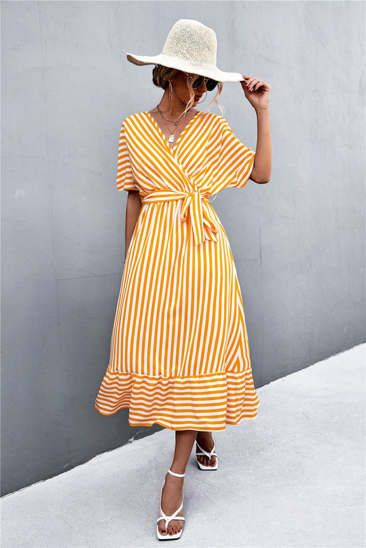 Striped Tie Belt Midi Dress - Dress - Yellow - Bella Bourget