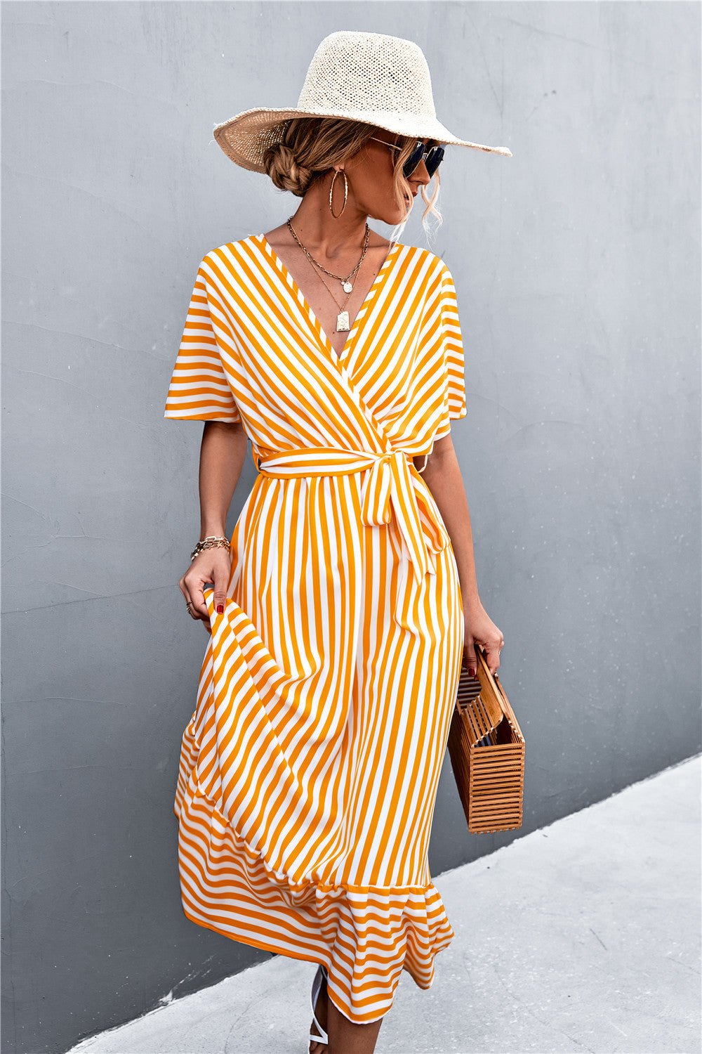 Striped Tie Belt Midi Dress - Dress - Yellow - Bella Bourget