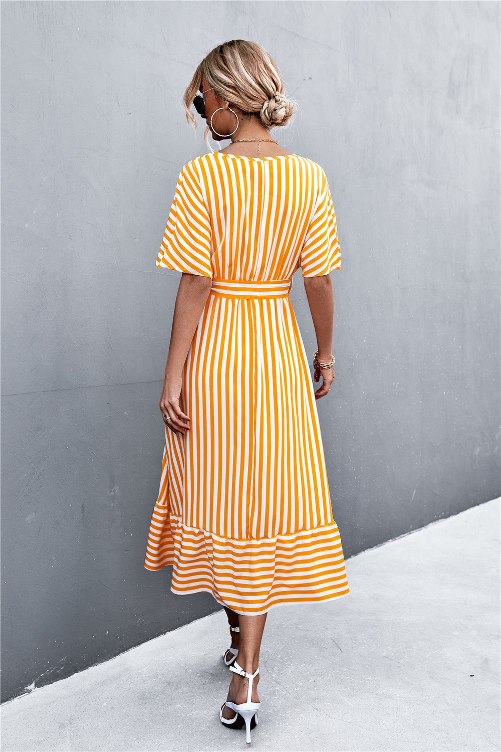 Striped Tie Belt Midi Dress - Dress - Yellow - Bella Bourget