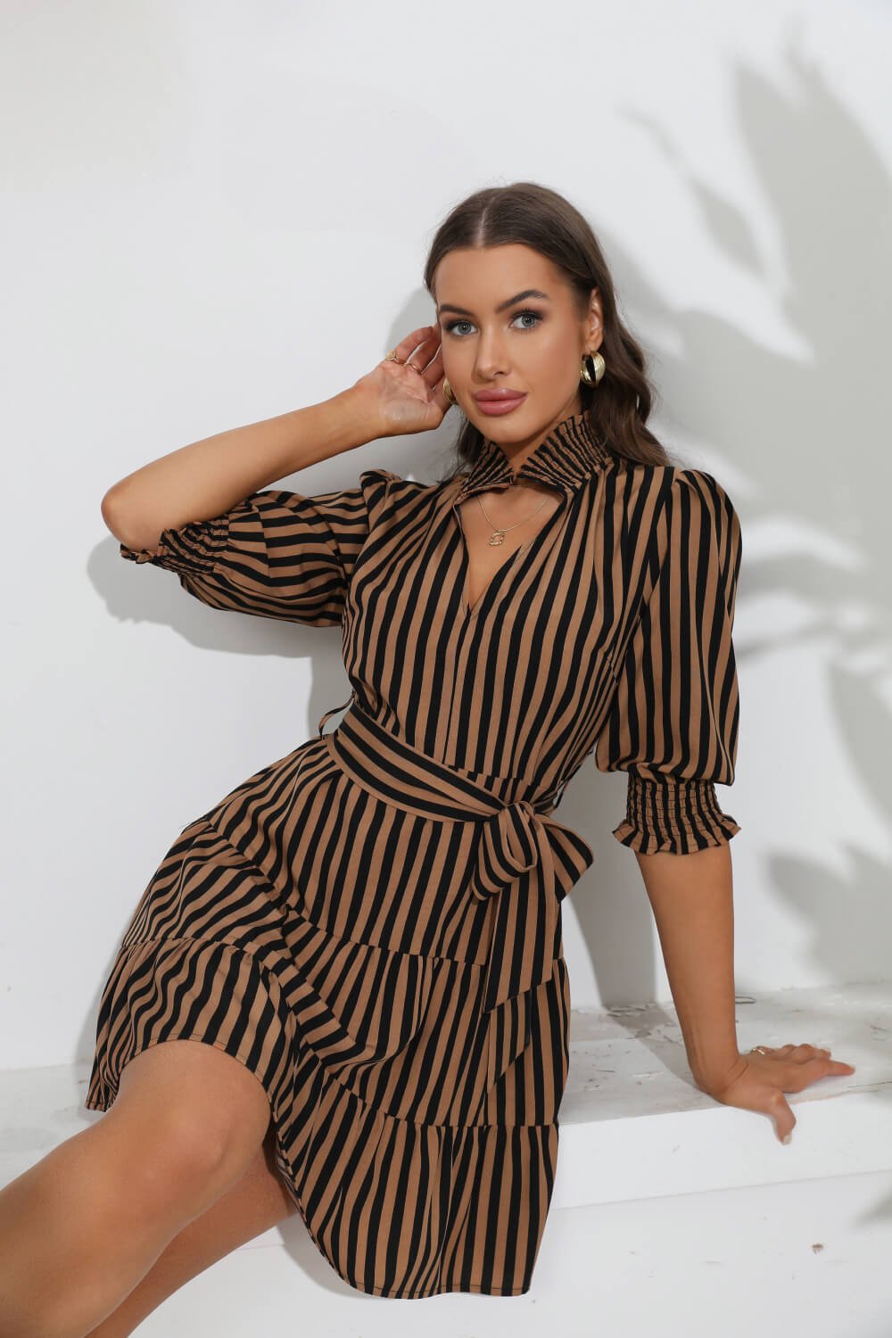 Striped Tie Belt Tiered Dress - Dress - Stripe - Bella Bourget