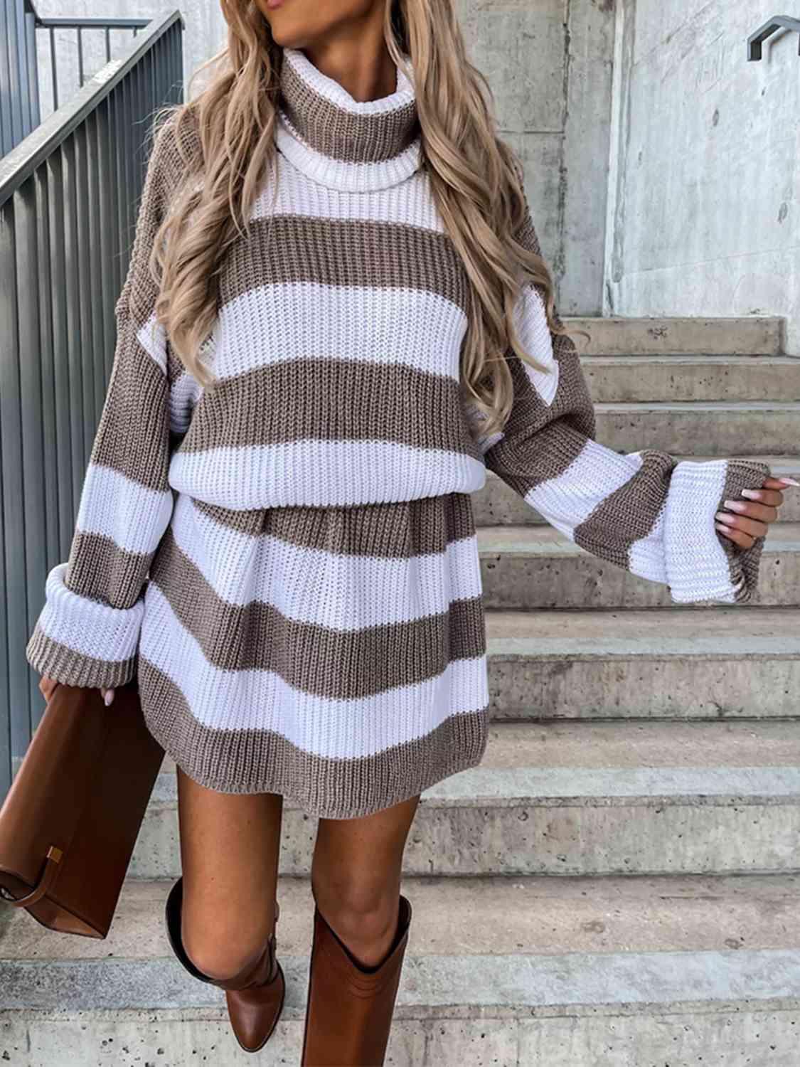 Striped Turtleneck Sweater Dress - Sweater Dress - Mocha - Bella Bourget