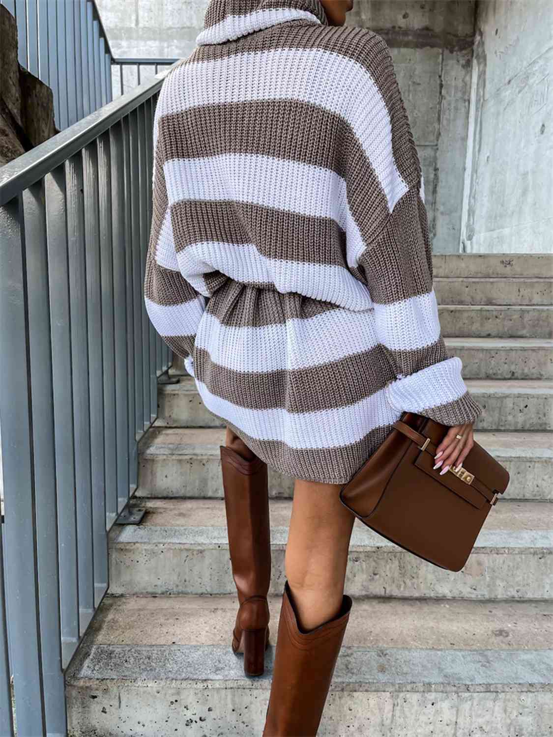 Striped Turtleneck Sweater Dress - Sweater Dress - Mocha - Bella Bourget