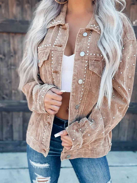 Studded Collared Neck Button Down Jacket - Jacket - Tan - Bella Bourget