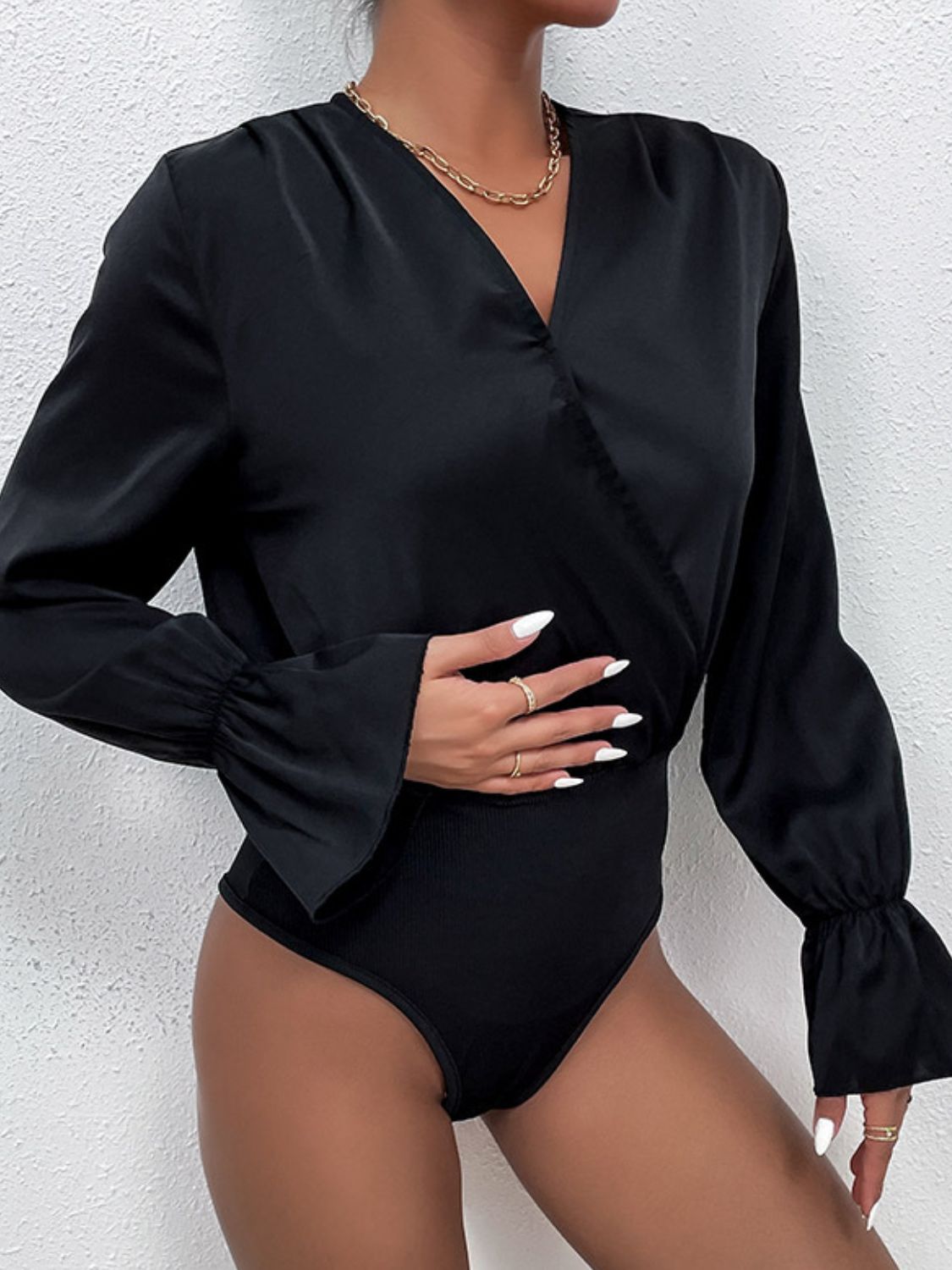 Surplice Neck Flounce Sleeve Bodysuit - Bodysuit - Black - Bella Bourget