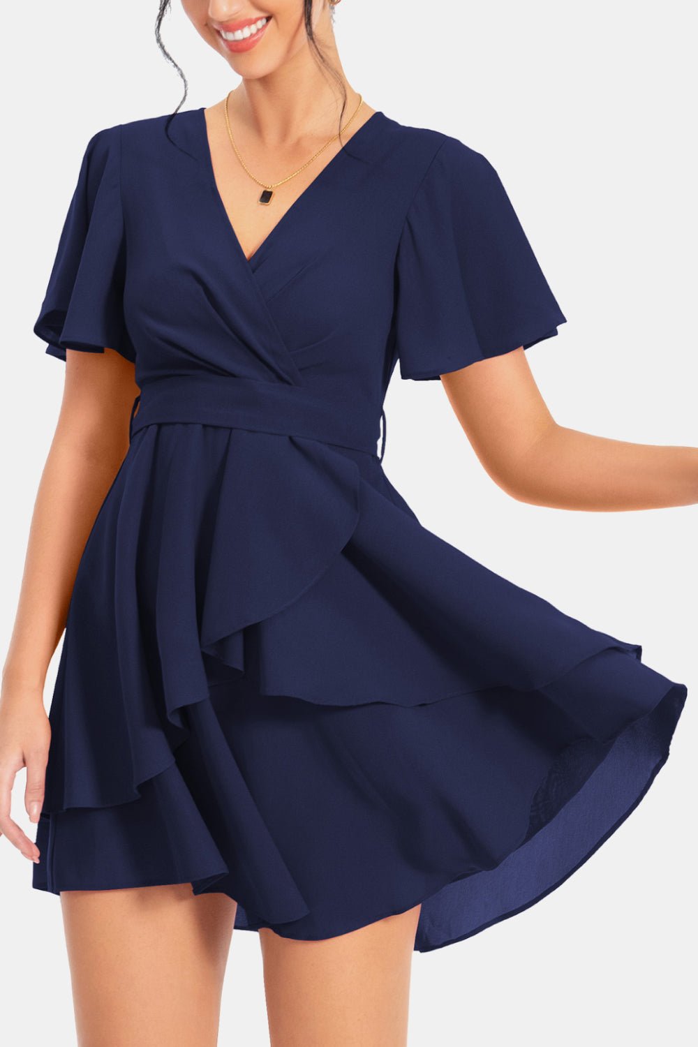 Surplice Neck Flutter Sleeve Dress - Dress - Dark Navy - Bella Bourget