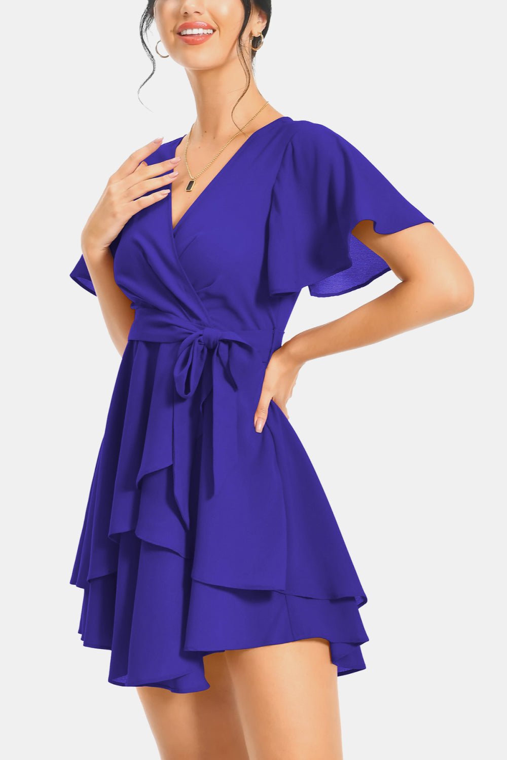 Surplice Neck Flutter Sleeve Dress - Dress - Royal Blue - Bella Bourget