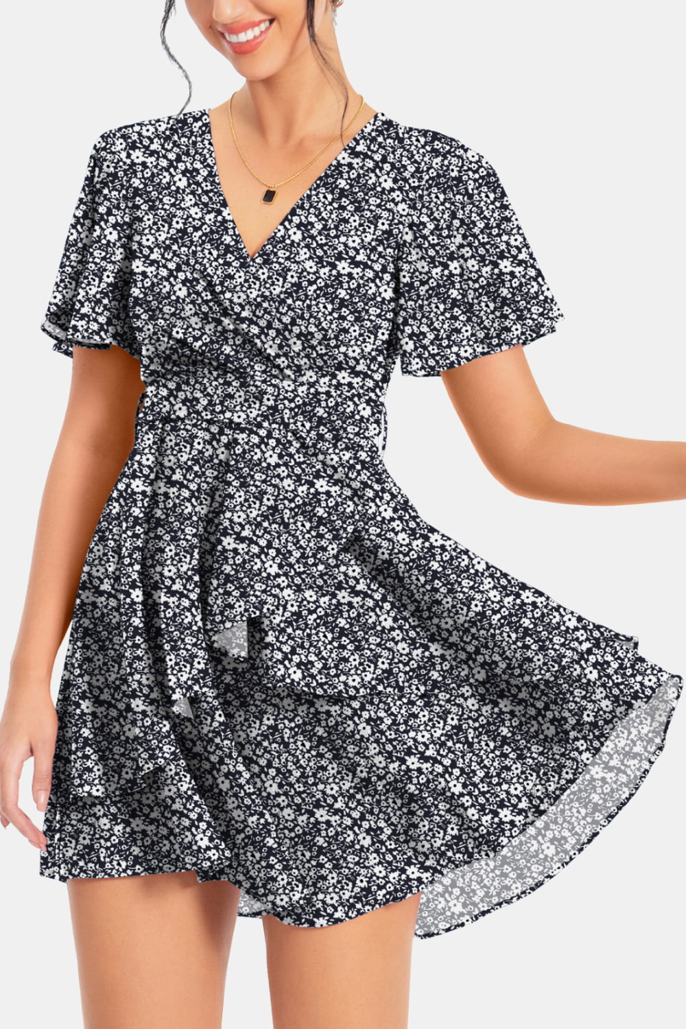 Surplice Neck Flutter Sleeve Dress - Dress - Floral - Bella Bourget