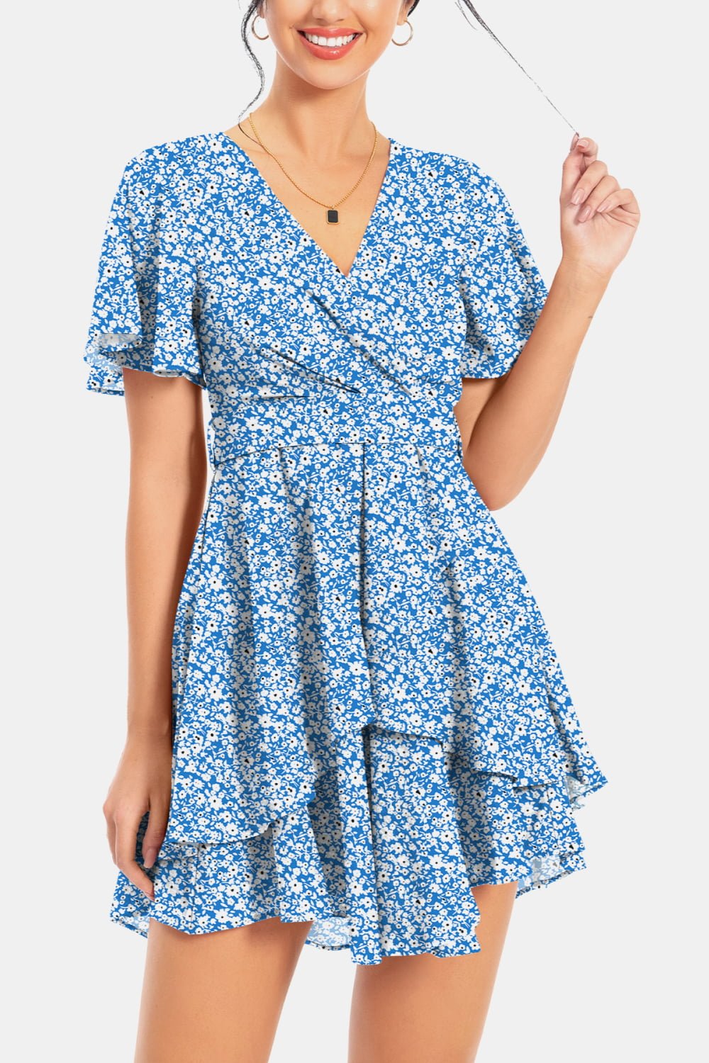 Surplice Neck Flutter Sleeve Dress - Dress - Sky Blue - Bella Bourget