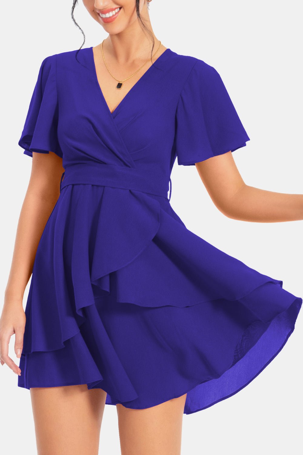 Surplice Neck Flutter Sleeve Dress - Dress - Royal Blue - Bella Bourget