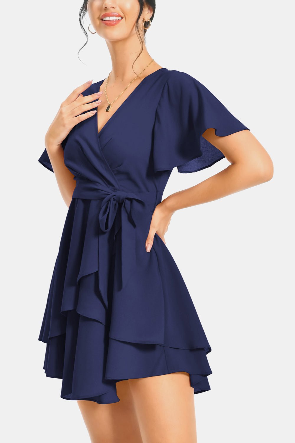 Surplice Neck Flutter Sleeve Dress - Dress - Dark Navy - Bella Bourget