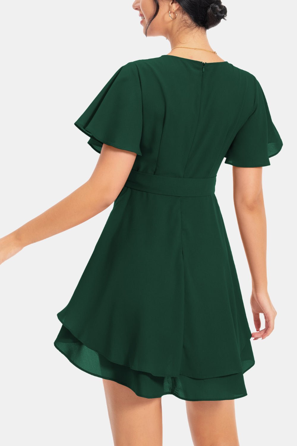 Surplice Neck Flutter Sleeve Dress - Dress - Green - Bella Bourget