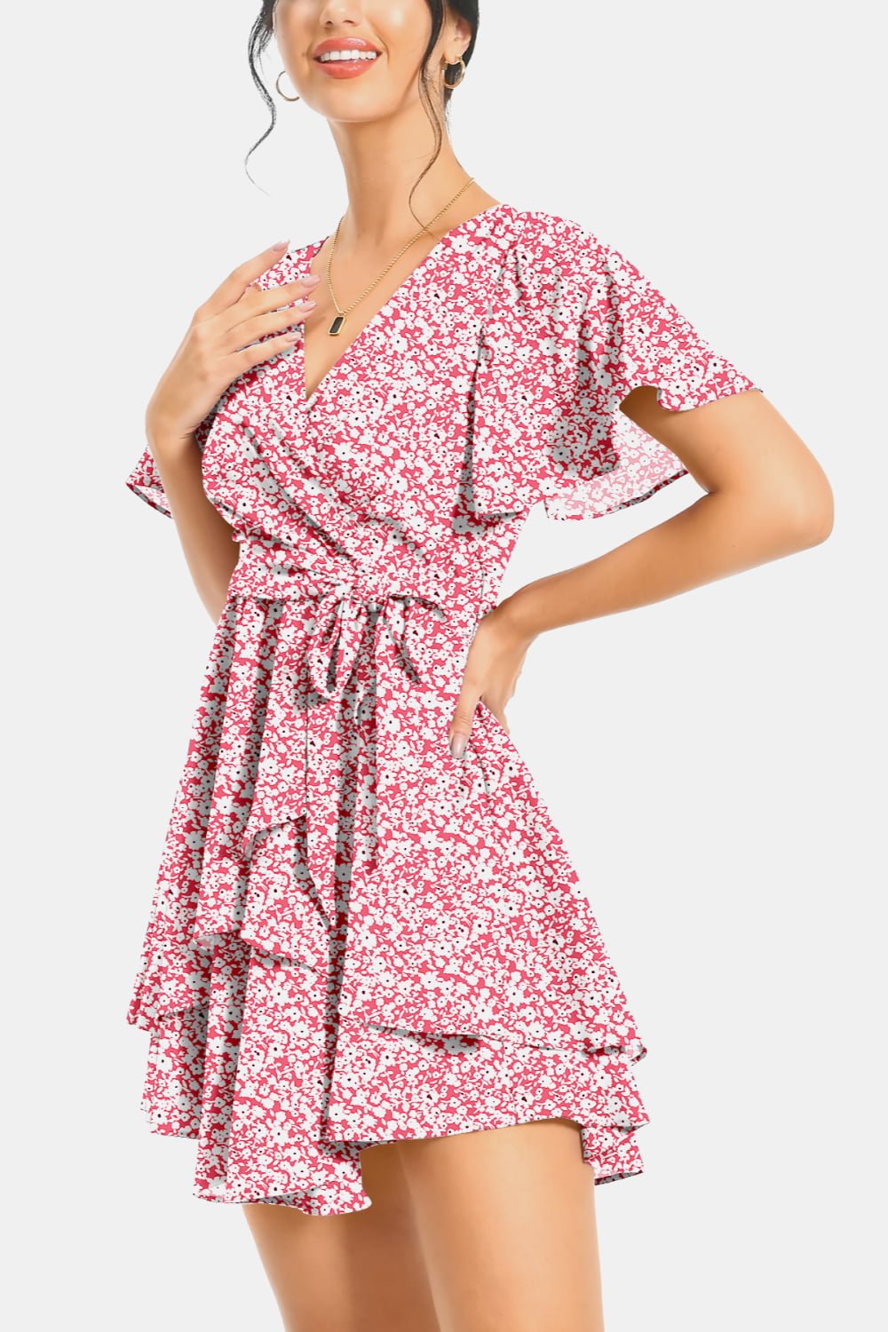 Surplice Neck Flutter Sleeve Dress - Dress - Blush Pink - Bella Bourget