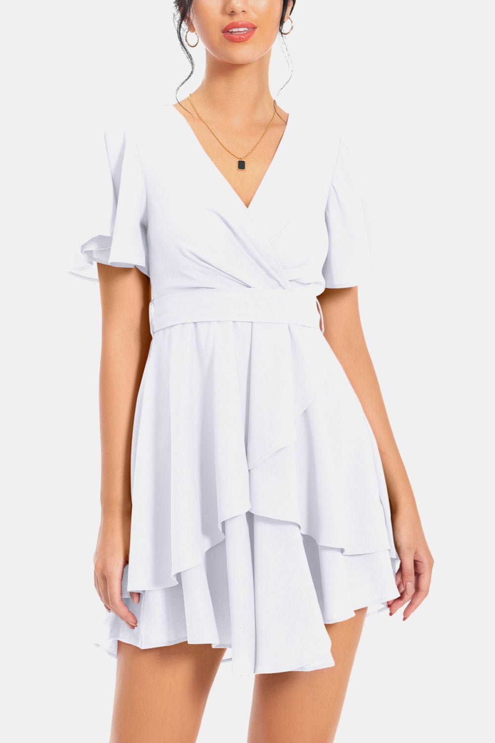 Surplice Neck Flutter Sleeve Dress - Dress - White - Bella Bourget