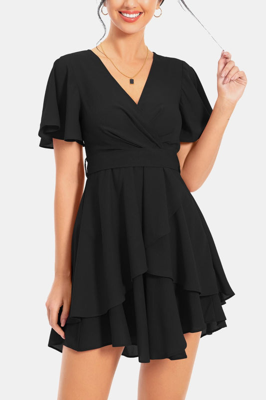 Surplice Neck Flutter Sleeve Dress - Dress - Black - Bella Bourget