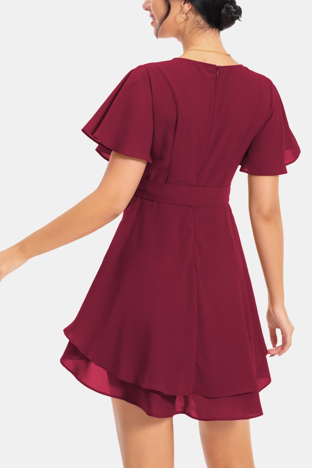 Surplice Neck Flutter Sleeve Dress - Dress - Wine - Bella Bourget