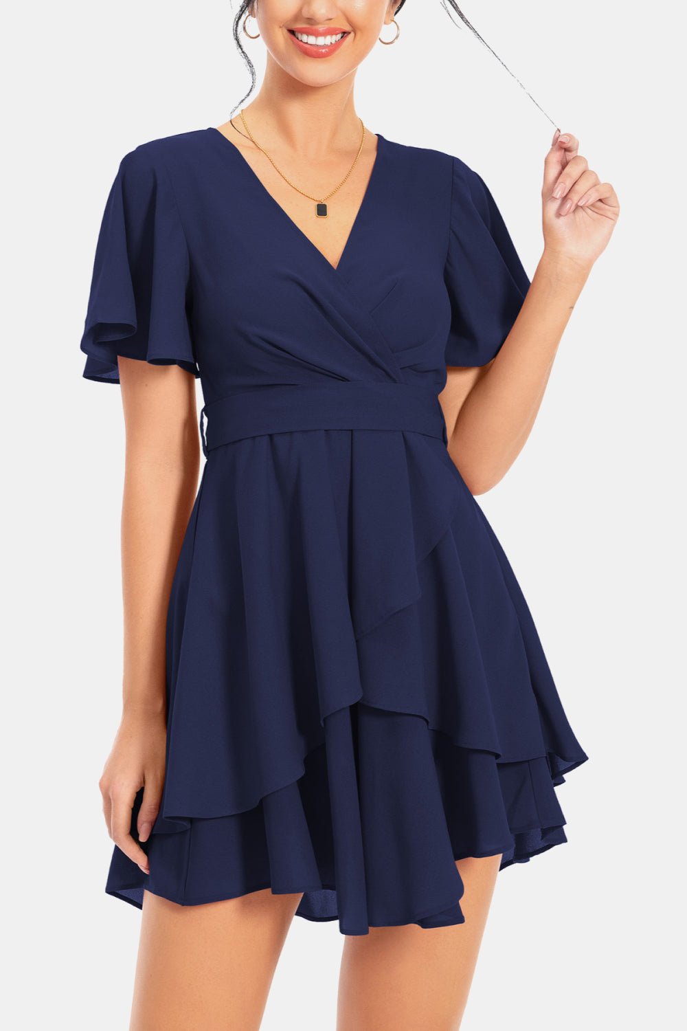 Surplice Neck Flutter Sleeve Dress - Dress - Dark Navy - Bella Bourget