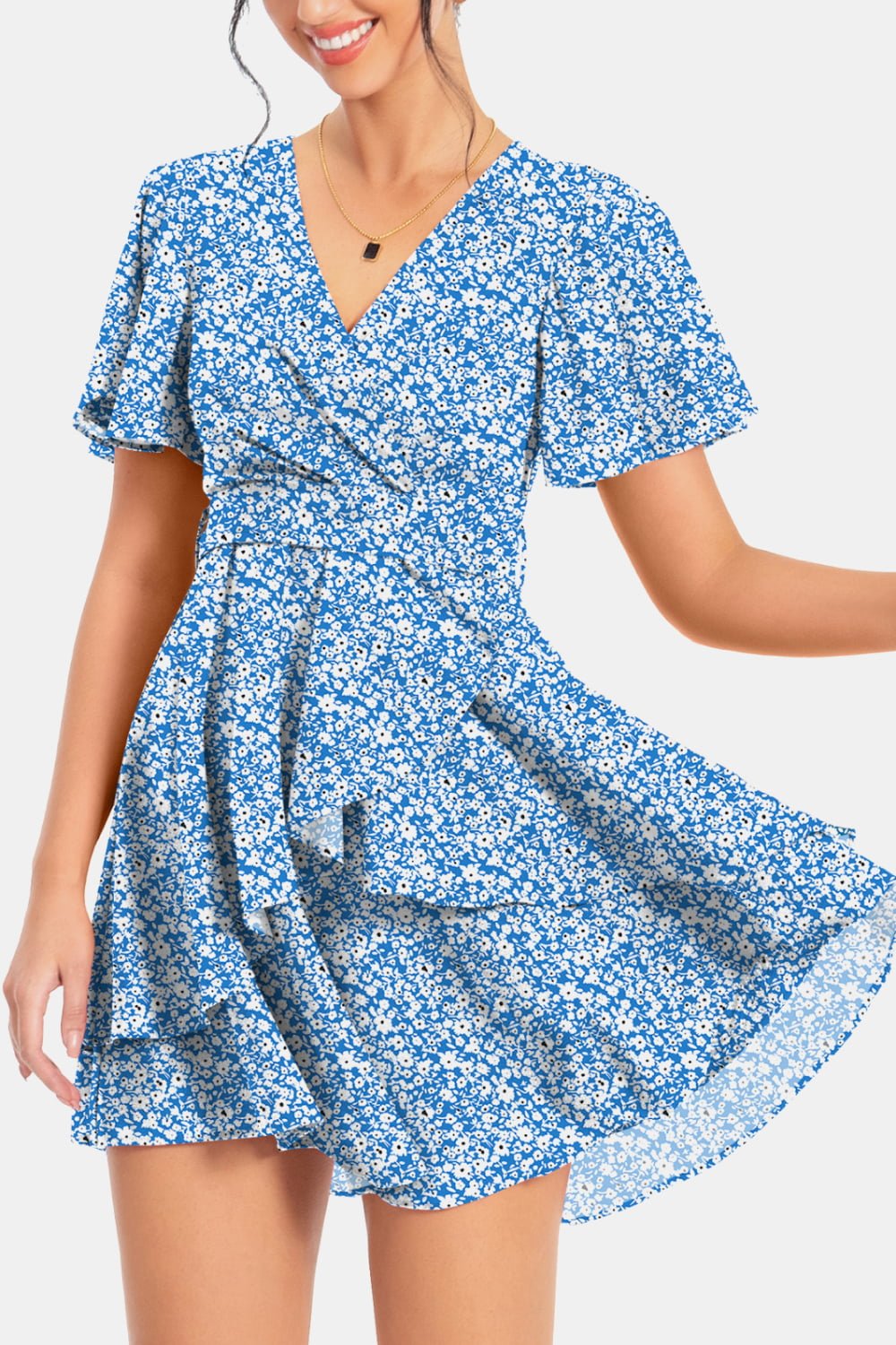 Surplice Neck Flutter Sleeve Dress - Dress - Sky Blue - Bella Bourget