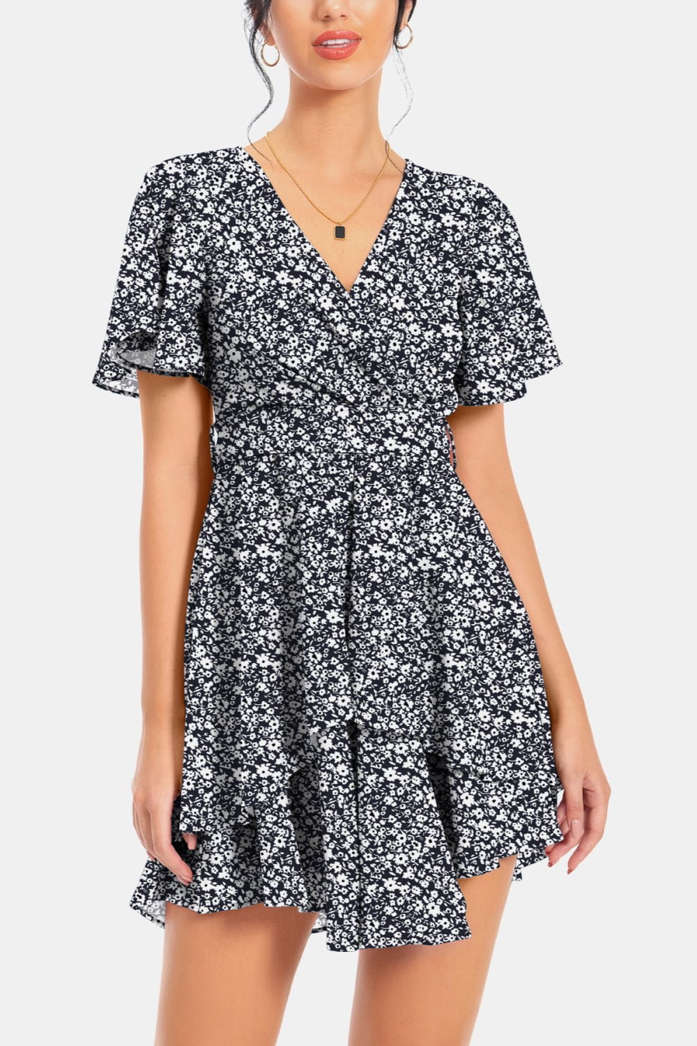 Surplice Neck Flutter Sleeve Dress - Dress - Floral - Bella Bourget