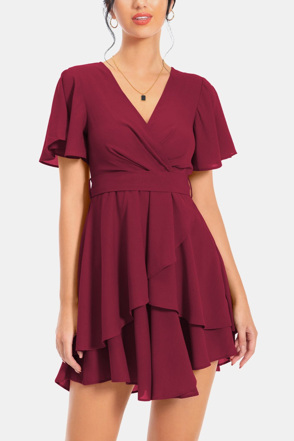 Surplice Neck Flutter Sleeve Dress - Dress - Wine - Bella Bourget