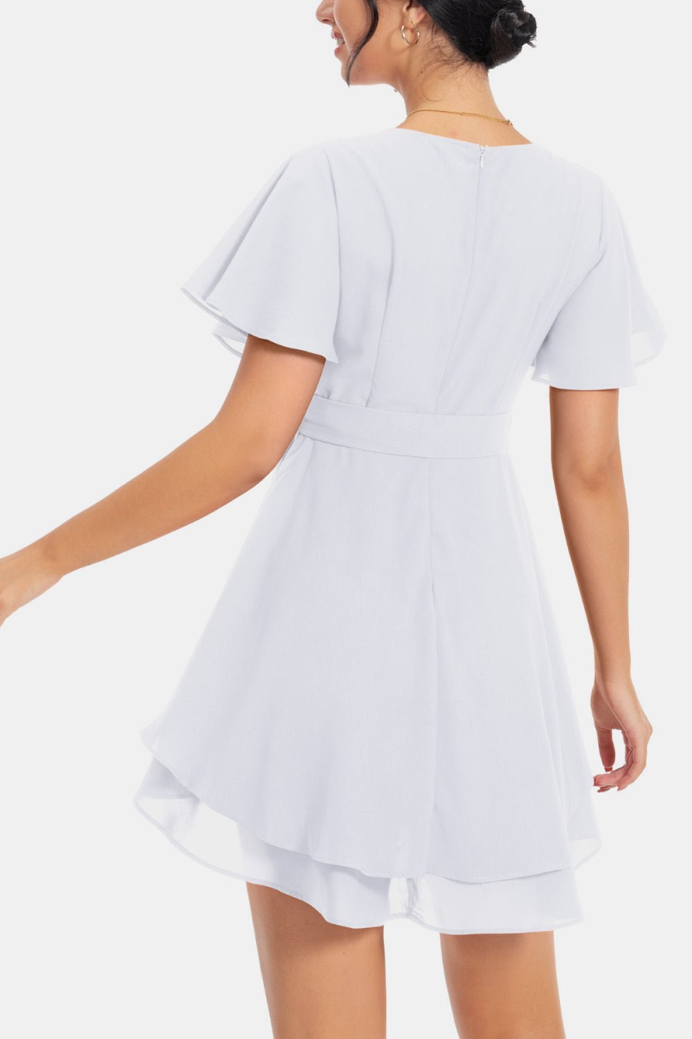 Surplice Neck Flutter Sleeve Dress - Dress - White - Bella Bourget