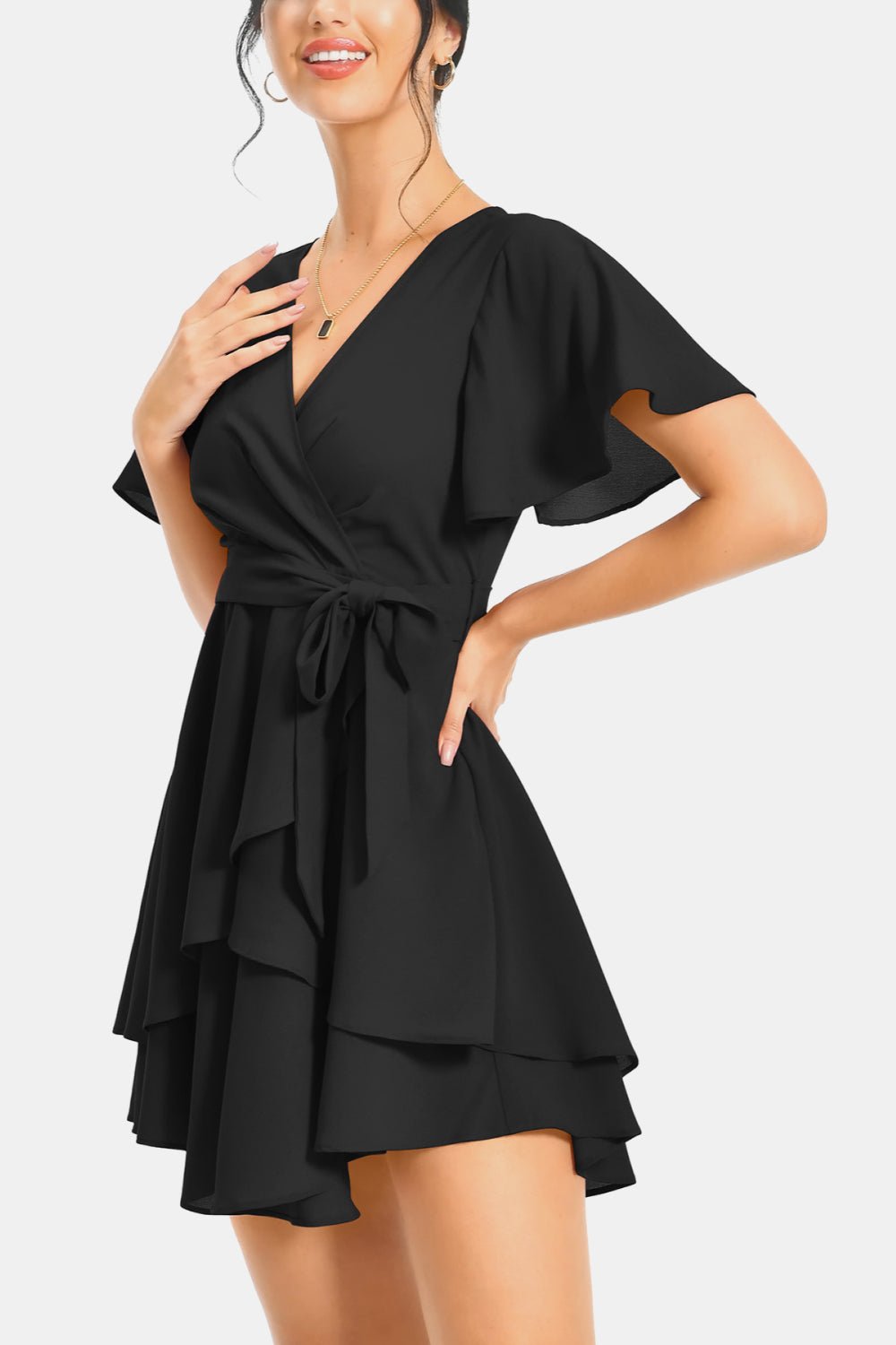 Surplice Neck Flutter Sleeve Dress - Dress - Black - Bella Bourget