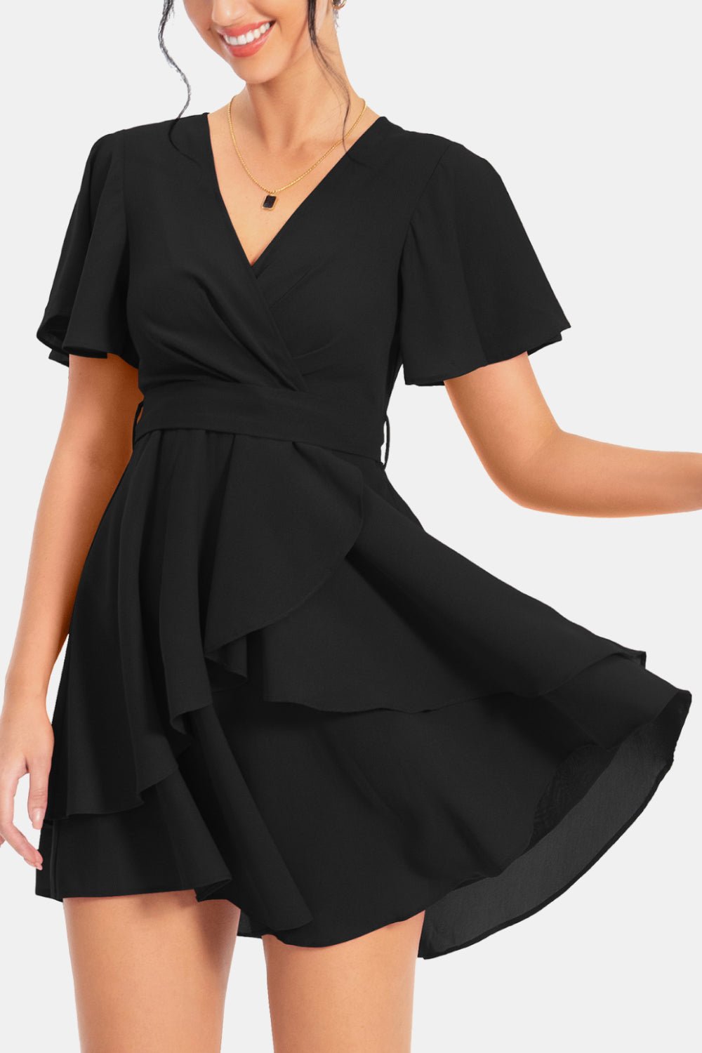 Surplice Neck Flutter Sleeve Dress - Dress - Black - Bella Bourget