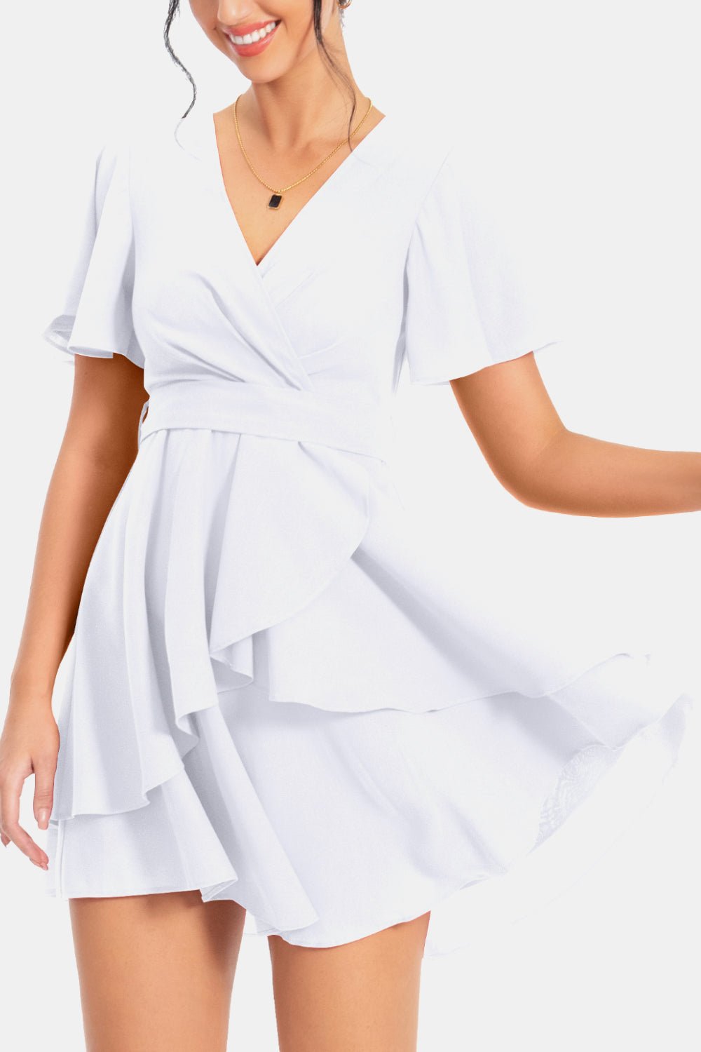 Surplice Neck Flutter Sleeve Dress - Dress - White - Bella Bourget