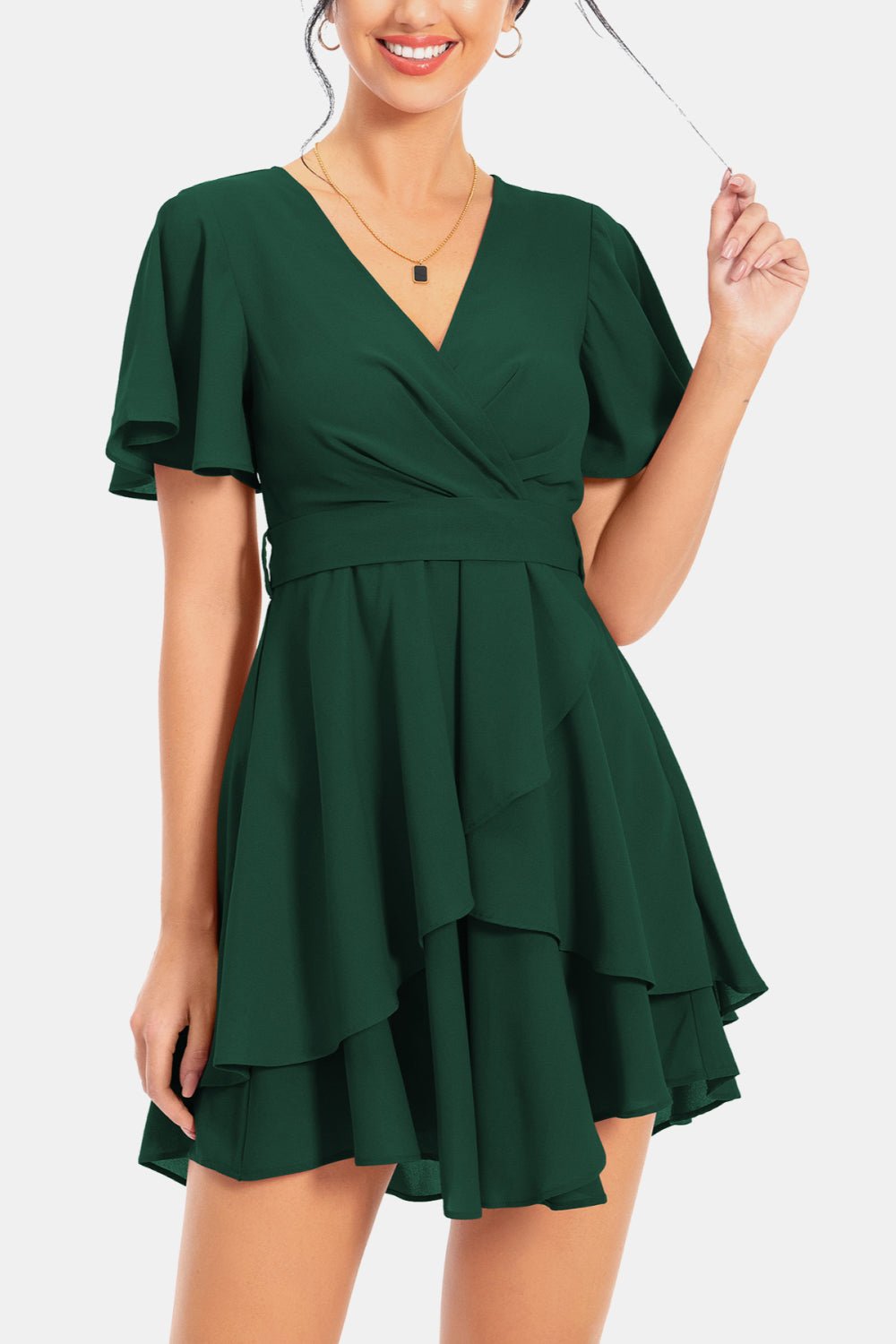 Surplice Neck Flutter Sleeve Dress - Dress - Green - Bella Bourget