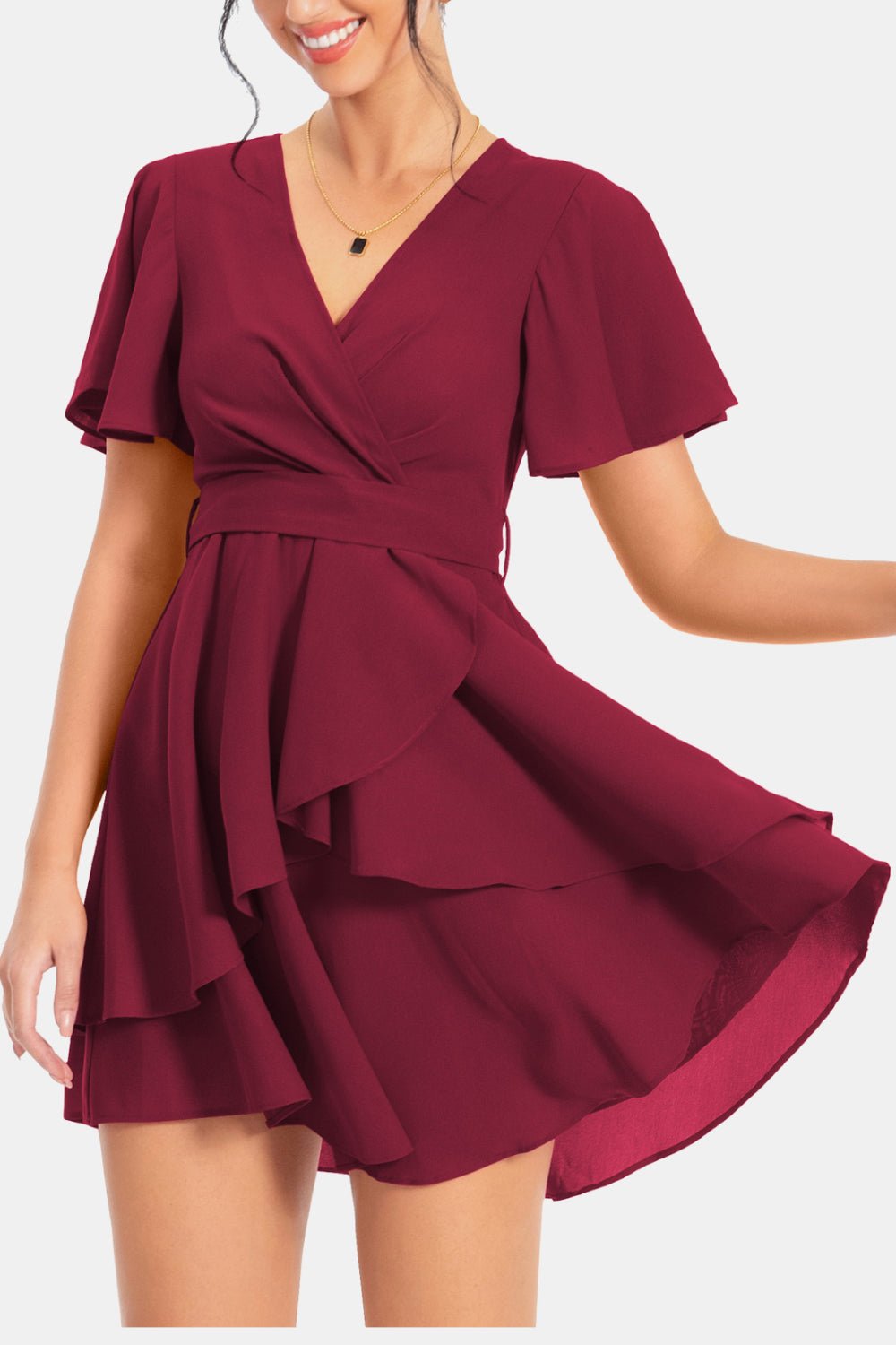 Surplice Neck Flutter Sleeve Dress - Dress - Wine - Bella Bourget