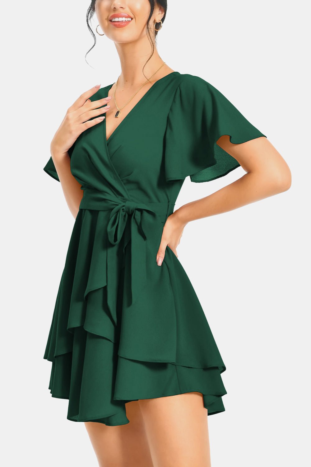 Surplice Neck Flutter Sleeve Dress - Dress - Green - Bella Bourget