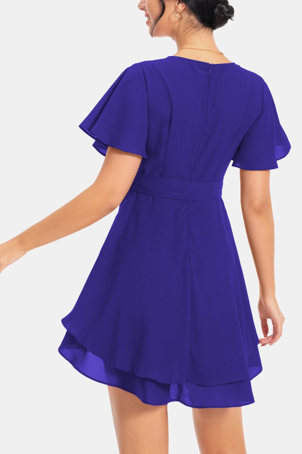 Surplice Neck Flutter Sleeve Dress - Dress - Royal Blue - Bella Bourget