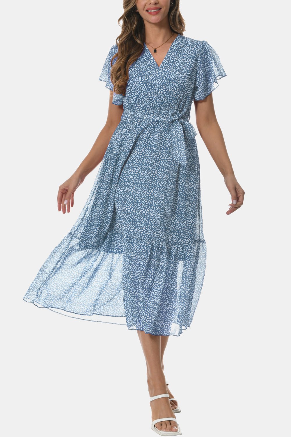 Surplice Neck Flutter Sleeve Tied Dress - Dress - Misty Blue - Bella Bourget