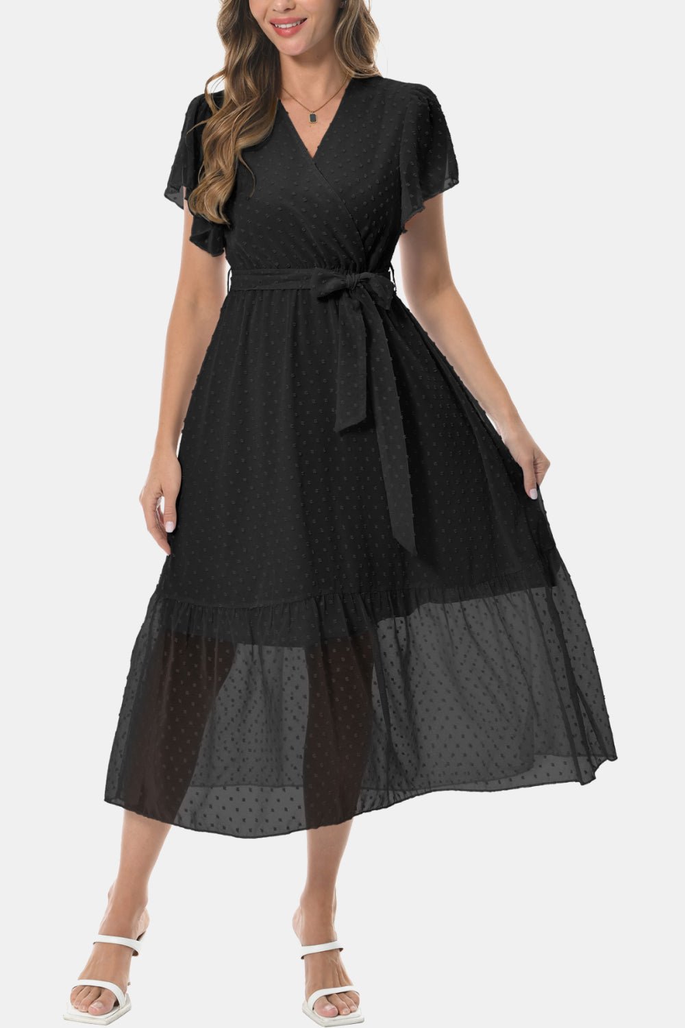 Surplice Neck Flutter Sleeve Tied Dress - Dress - Black - Bella Bourget