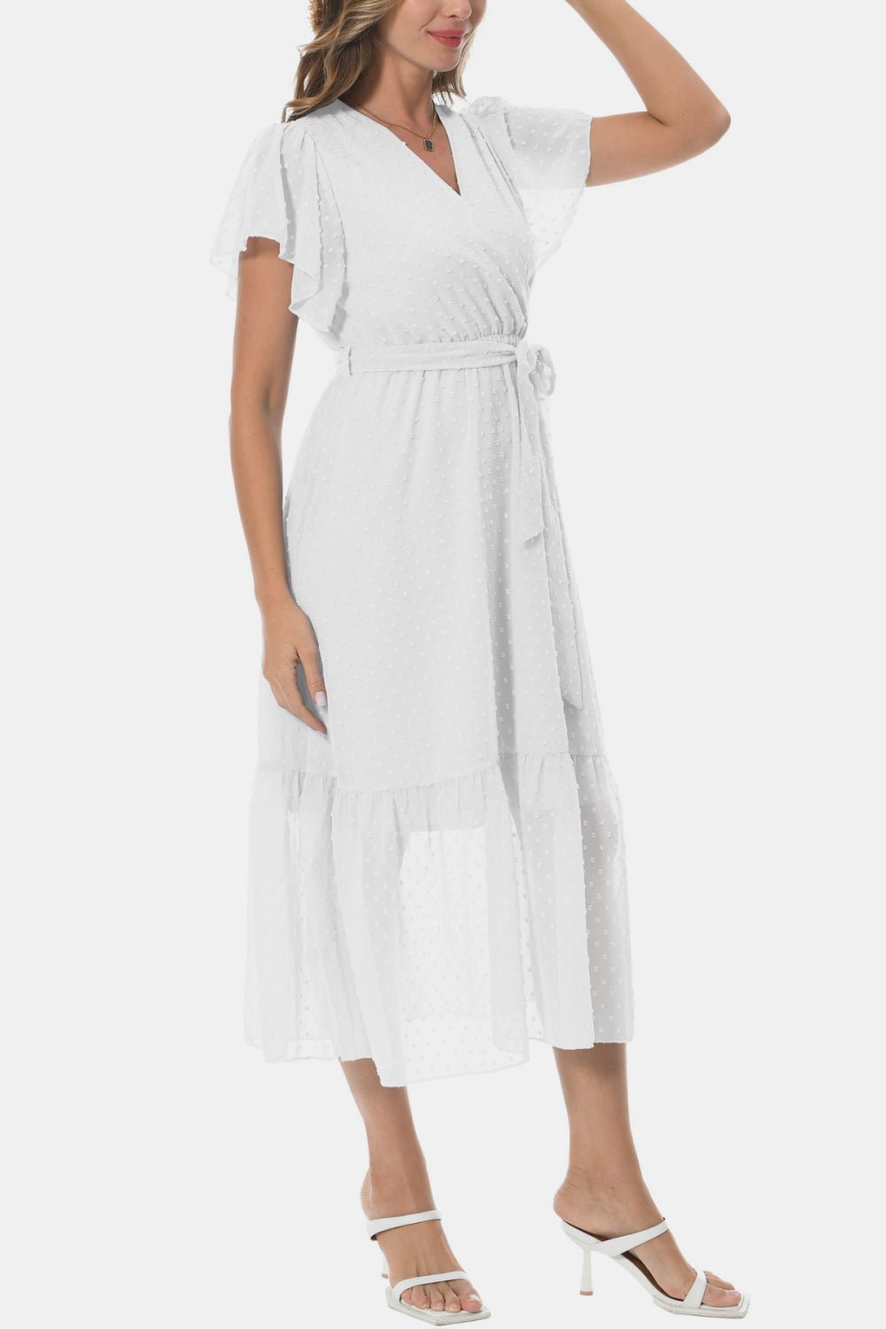 Surplice Neck Flutter Sleeve Tied Dress - Dress - White - Bella Bourget