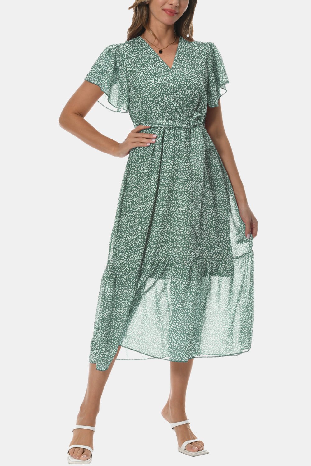 Surplice Neck Flutter Sleeve Tied Dress - Dress - Gum Leaf - Bella Bourget